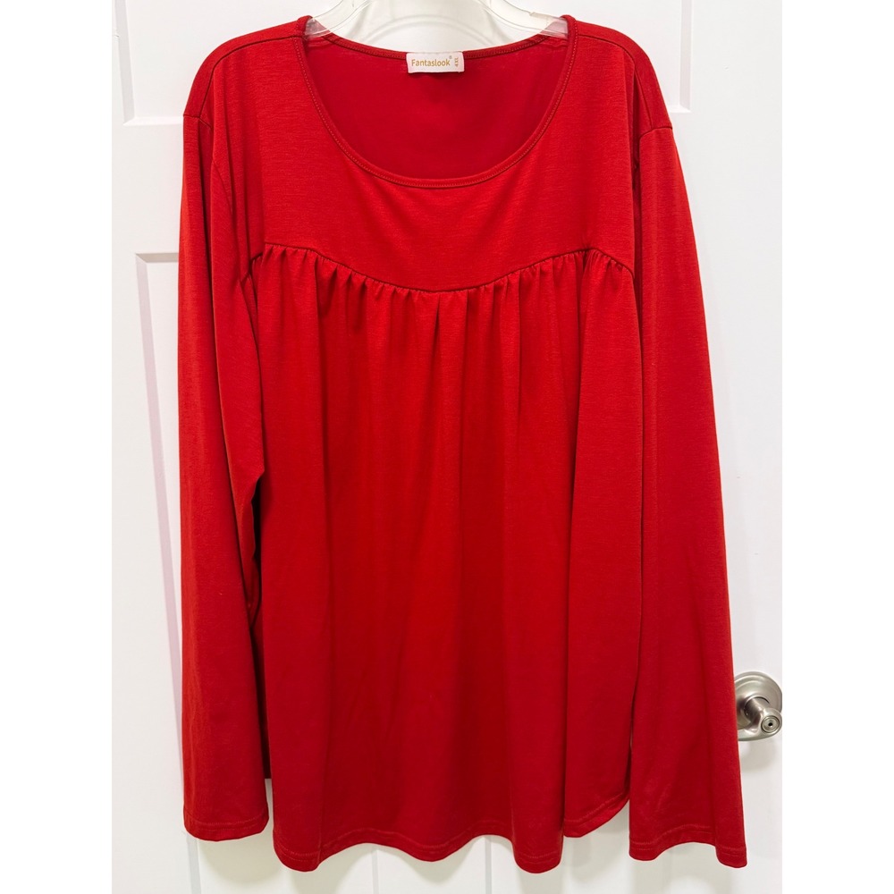 Fantaslook Women Red Long Sleeve Empire Waist Pleated Tunic Top Plus Size 4XL